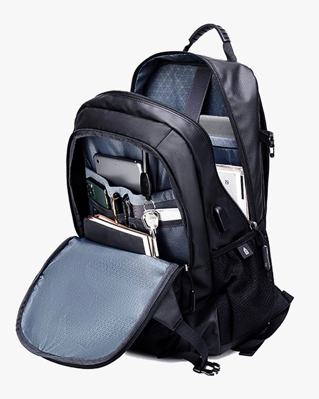 interior mochila hybrid 4 compartimentos zíper notebook 15.6 celular porta-canetas chaveiro organização profissional completa