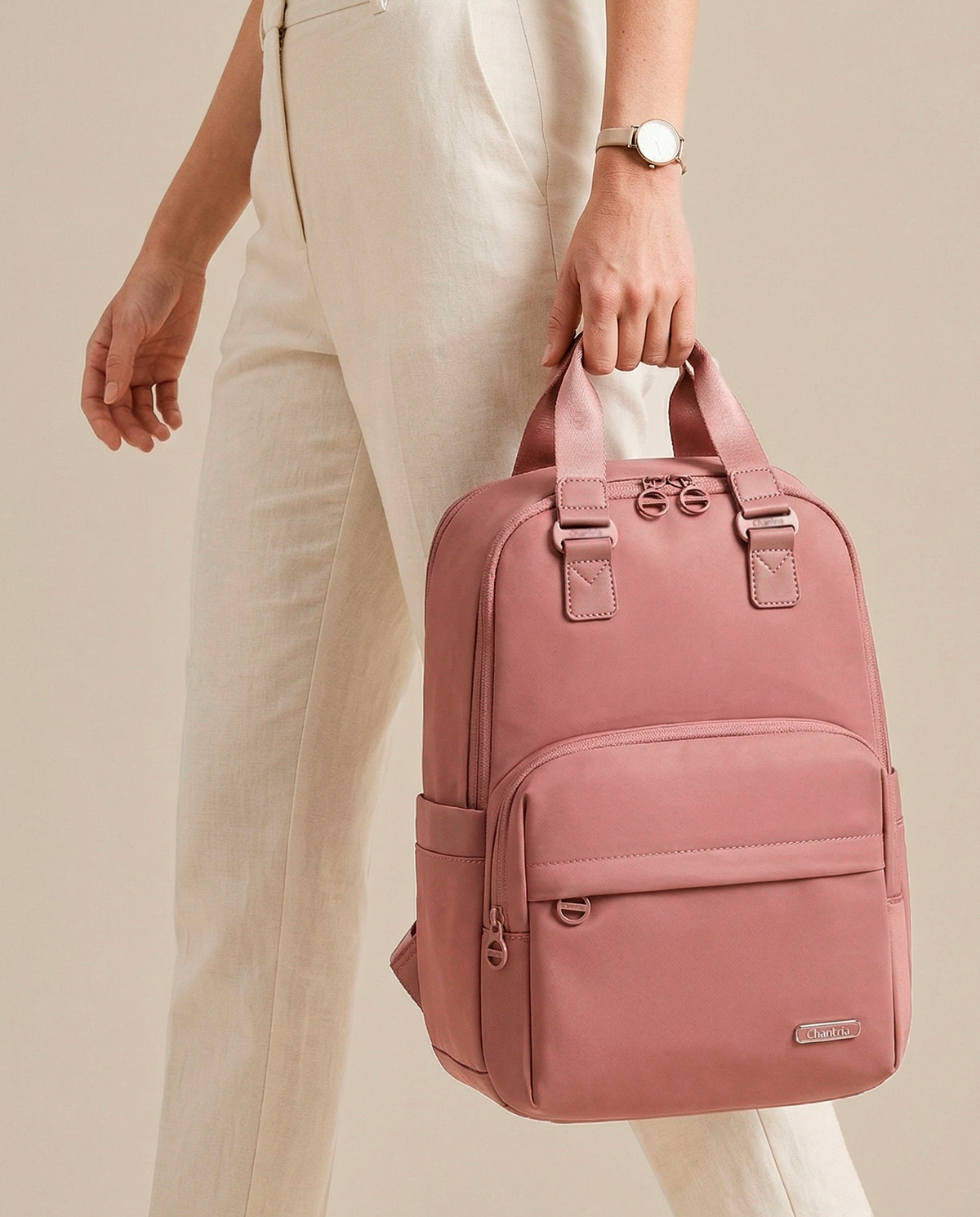 mochila veneza rosa ângulo design minimalista elegante 22 litros 0.8kg mochila feminina compacta leve notebook 15.6 sofisticada