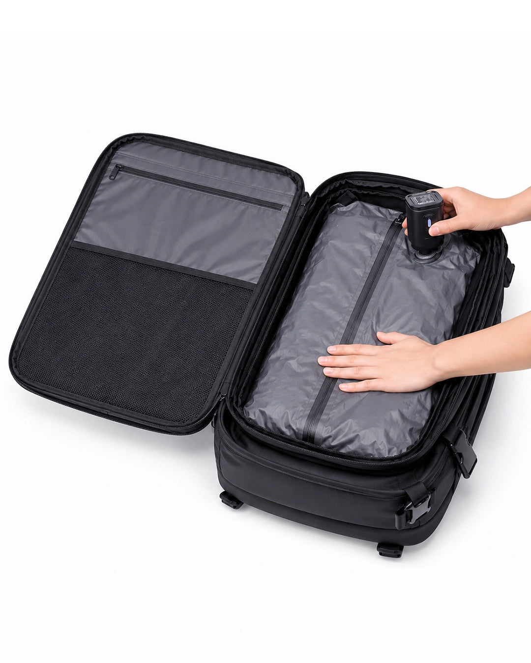 válvula vácuo mochila air lite compressão roupas 50% mais espaço sistema vácuo integrado mochila tecnologia
