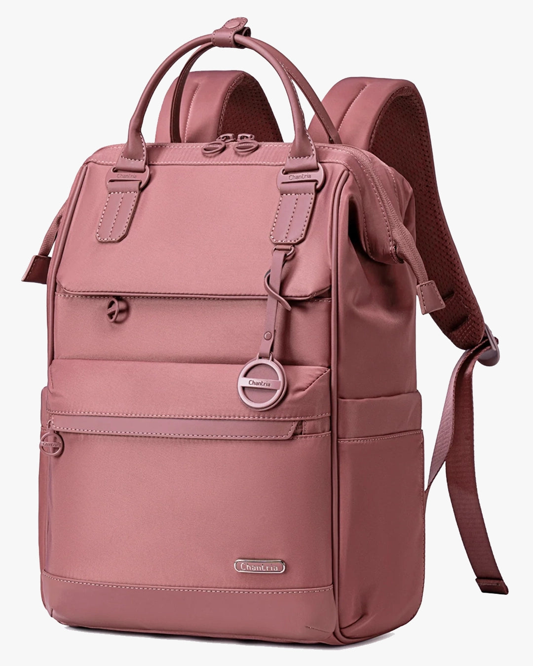mochila zafira lateral rosa estrutura semi-rígida secureshape impermeável hydro shield anti-riscos mochila feminina durável qualidade premium acabamento refinado
