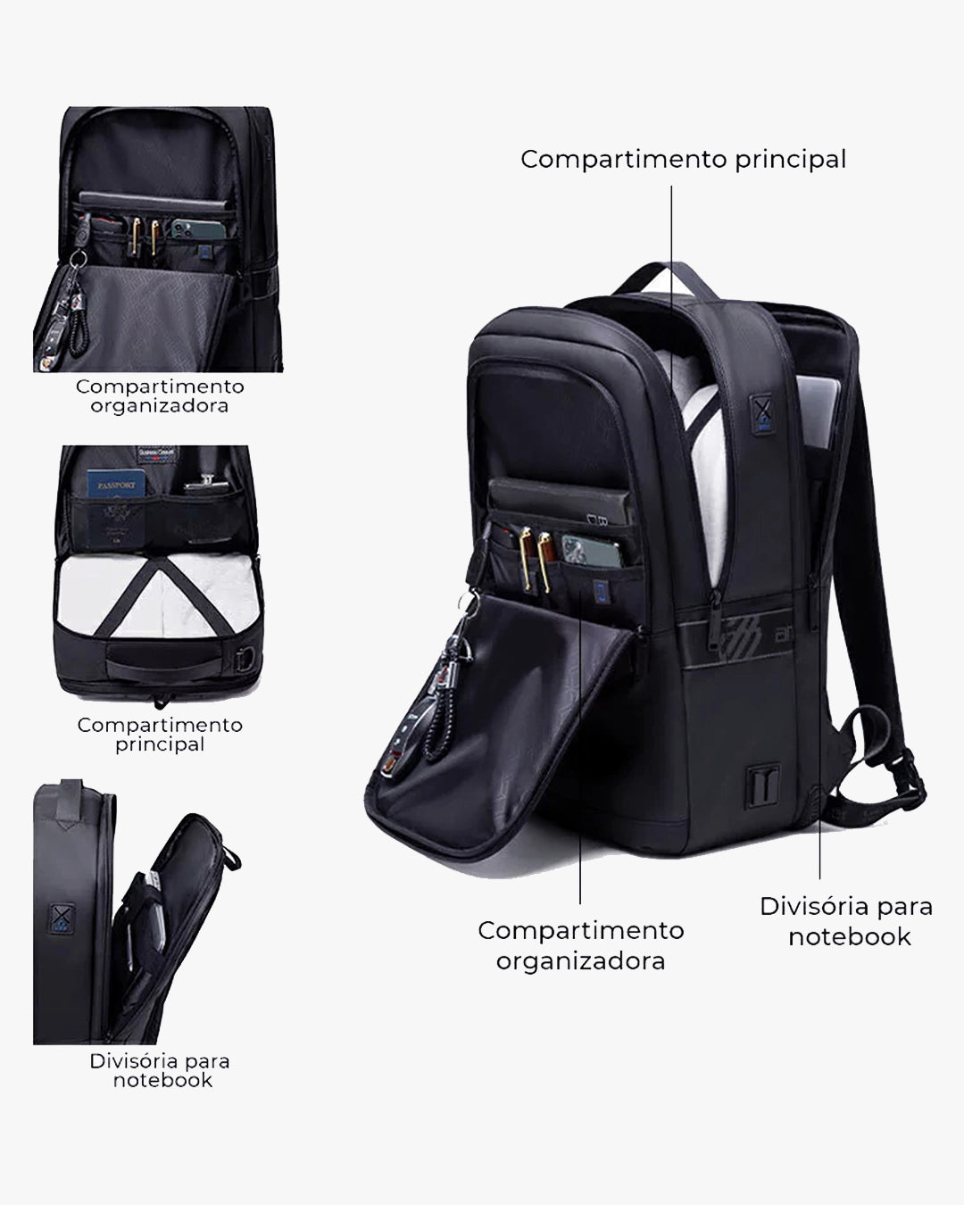 3 compartimentos zíper YKK mochila defender divisórias canetas celular documentos chaveiro organização total cada item lugar certo executiva multifuncional