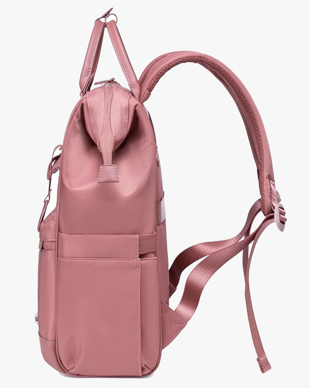 mochila zafira lateral rosa estrutura semi-rígida secureshape impermeável hydro shield anti-riscos mochila feminina durável qualidade premium acabamento refinado