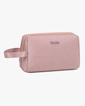 necessaire aurora lateral rosa design elegante borda couro sintético rosê zíper cursor prateado alça reforçada necessaire feminina premium