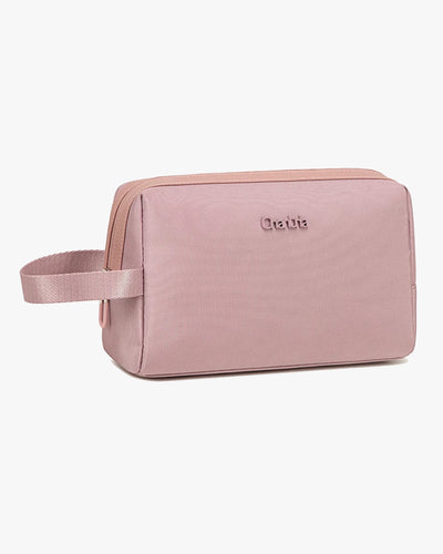 necessaire aurora lateral rosa design elegante borda couro sintético rosê zíper cursor prateado alça reforçada necessaire feminina premium