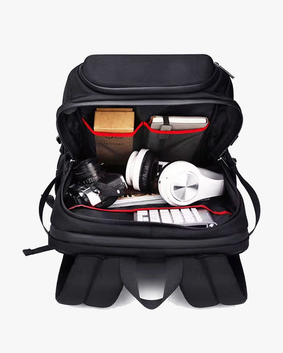 interior armour-x 35 litros divisórias malha vermelha câmera dslr headphone livros acessórios viagem eletrônicos 3 compartimentos independentes organização completa malha organizada