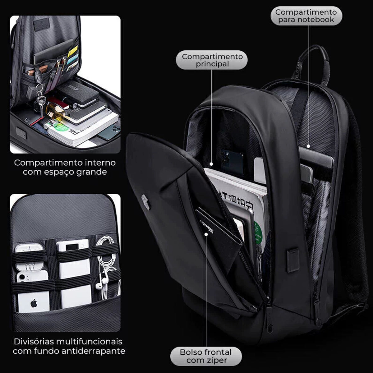 interior mochila brook compartimentos organizados notebook 15.6 tablet celular canetas documentos divisórias mochila executiva