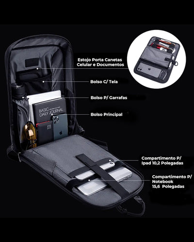 interior pro hunter abre 180 graus compartimento notebook 15.6 ipad 10.2 bolso tela garrafa estojo celular canetas documentos organização total cada item lugar certo