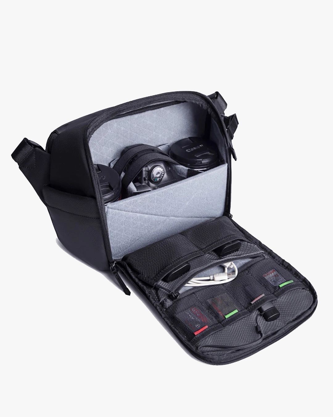 painel frontal mesh l-device cartões sd cabos bateria extra flash visível acessível imediatamente shoulder bag fotográfica organizada