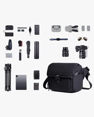 shoulder bag fotográfica l-device levatte preta 15 litros câmera dslr mirrorless suporte tripé poliéster 1680d impermeável fotógrafo criador conteúdo ensaios eventos
