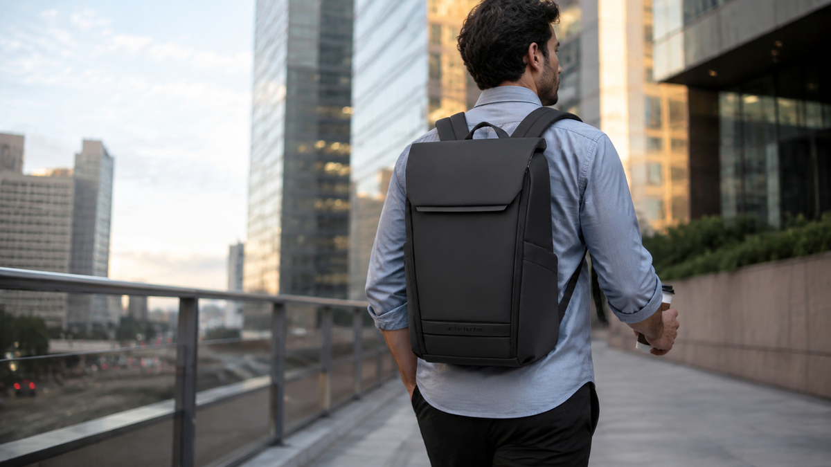 Homem usando mochila Levatte em ambiente urbano