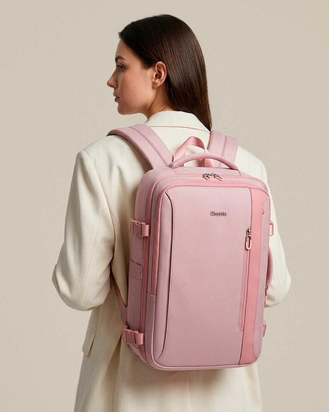 mochila feminina bella levatte rosa 50 litros expansível notebook 15.6 bagagem de mão viagem elegante nylon 1680d impermeável