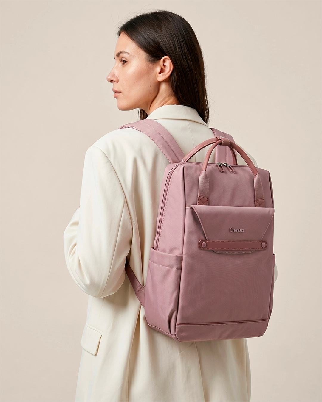 mochila pasta feminina 2 em 1 ellena levatte rosa pérola couro sintético notebook 15.6 zíper dourado impermeável mochila trabalho reunião negócios sofisticada elegante