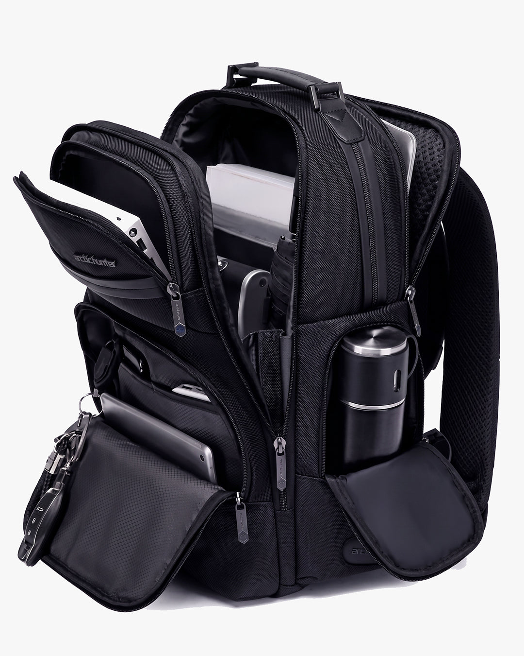 5 compartimentos zíper ykk mochila harvey notebook tablet documentos celular canetas acessórios tudo separado organização por categorias executiva sem bagunça