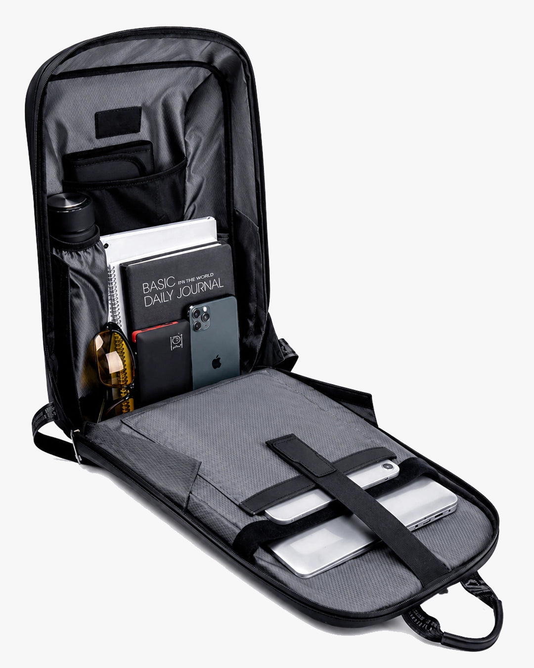 interior pro hunter abre 180 graus compartimento notebook 15.6 ipad 10.2 bolso tela garrafa estojo celular canetas documentos organização total cada item lugar certo