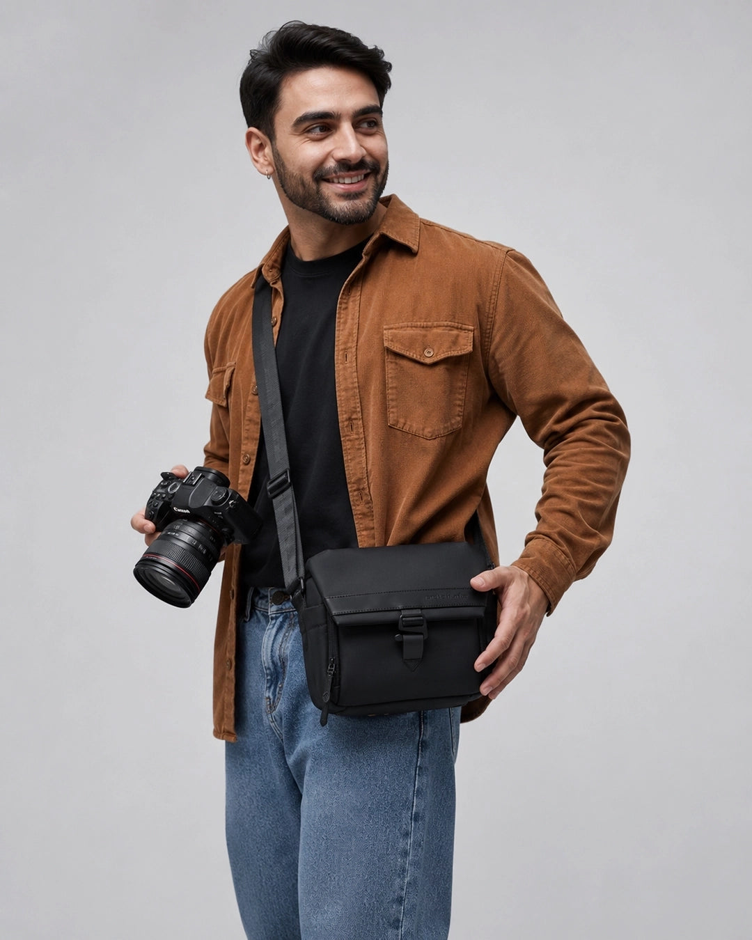 shoulder bag l-device preta produto completo design discreto elegante bolsa fotográfica câmera lentes poliéster 1680d impermeável