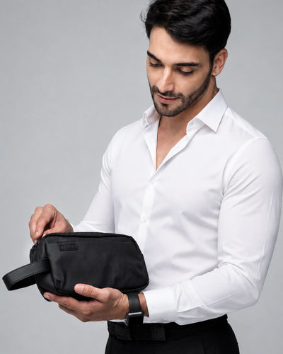 necessaire viagem masculina premium travel-t levatte preta poliéster 1680d semi-rígida 4 litros 0.3kg zíper ykk cursor metálico alça couro elegante discreta
