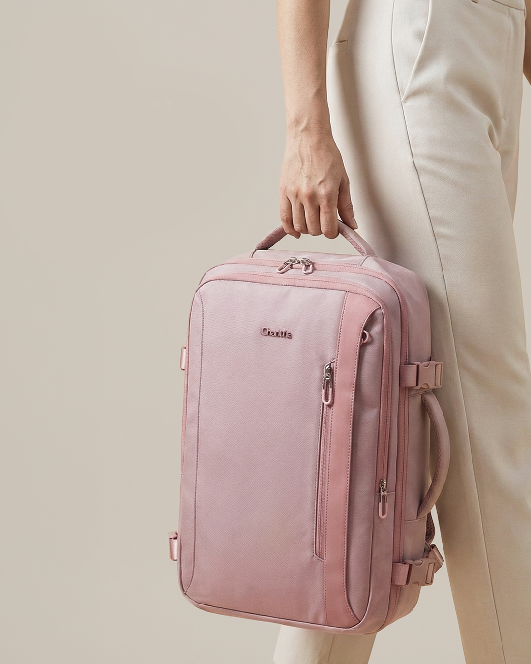 mochila feminina bella levatte rosa 50 litros expansível notebook 15.6 bagagem de mão viagem elegante nylon 1680d impermeável